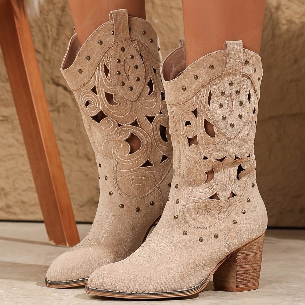 New Studded Lace Hollow Out Beige Velveteen Western Heeled Boots 6.5 37 - Picture 2 of 7